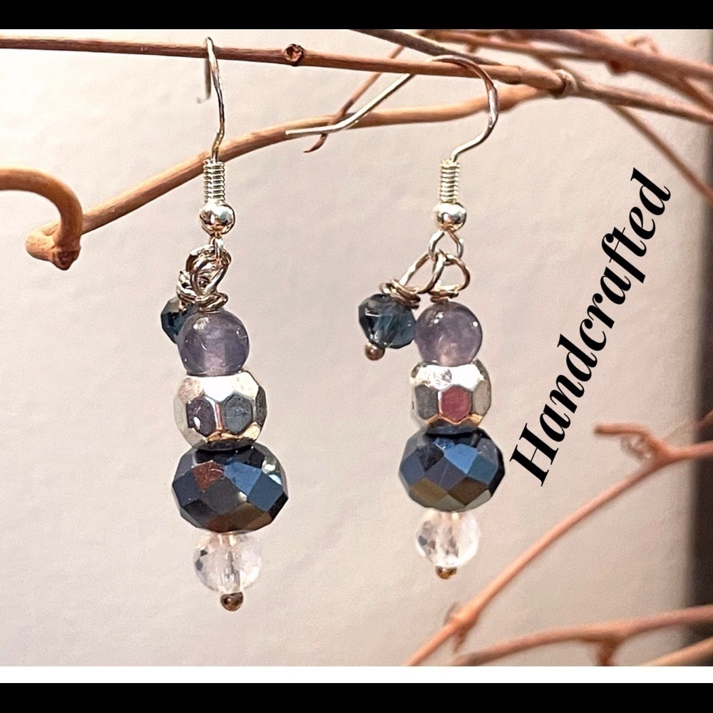 𝅺BOHO Indie Sterling Silver Earrings 🌟Purple & Deep Blue Crystal Handcrafted - Picture 5 of 11